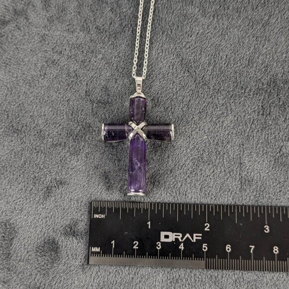 Amethyst and silver color cross pendant, free chain, unisex women men - Picture 4 of 8